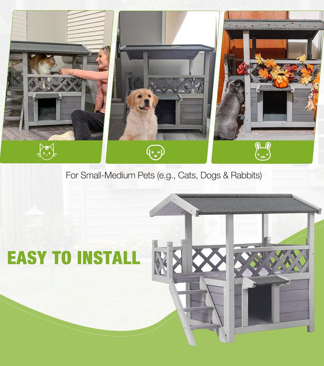 MEDEHOO Cat House Outdoor Weatherproof – 100% Solid Fir with Waterproof Paint, Two-Level Design, All-Weather Protection &amp; Elevated Base – Kitty Shelter for Feral Cats, Indoor/Outdoor Use