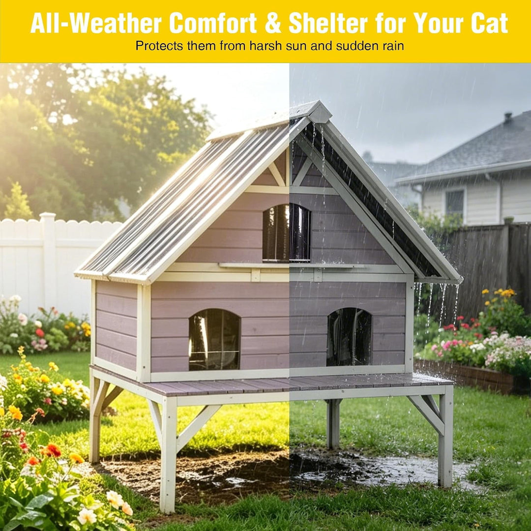 MEDEHOO 2-Story Outdoor Cat House Weatherproof Insulated Feral Cat Shelter with Waterproof Roof, Elevated Floor, Escape Door for 1-4 Indoor Outdoor Cats