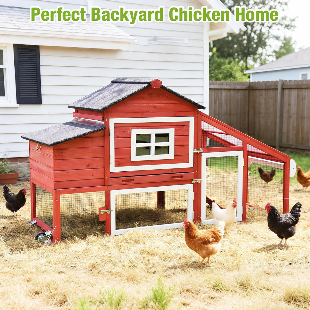 MEDEHOO 73.4" Large Chicken Coop with Wheels for Outdoor, Mobile Chicken House with Nest Box &amp; Removable Tray for 2-5 Chickens, Weatherproof Poultry Cage, Red SKY32-R-WM