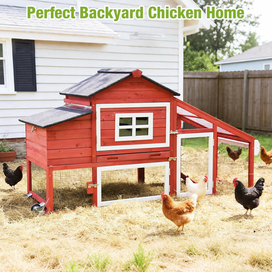MEDEHOO 73.4" Large Chicken Coop with Wheels for Outdoor, Mobile Chicken House with Nest Box &amp; Removable Tray for 2-5 Chickens, Weatherproof Poultry Cage, Red SKY32-R-WM