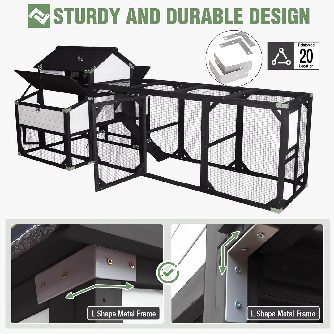 MEDEHOO Extra Large Wooden Chicken Coop for 8-10 Chickens, Reinforced Outdoor Hen House with Extended Run, 6 Nesting Boxes, Easy Clean Pull-Out Tray, Waterproof Asphalt Roof - Black, 118" L