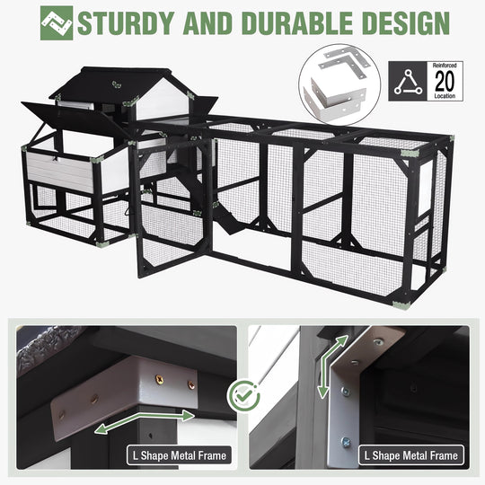 MEDEHOO Extra Large Wooden Chicken Coop for 8-10 Chickens, Reinforced Outdoor Hen House with Extended Run, 6 Nesting Boxes, Easy Clean Pull-Out Tray, Waterproof Asphalt Roof - Black, 118" L