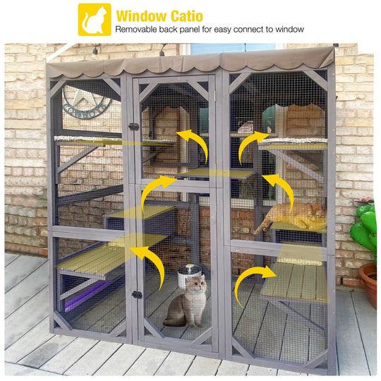 MEDEHOO Cat House Outdoor Catio Kitty Enclosure, Wooden Cat Cage Condo Indoor Playpen with Large Enter Door and Platforms for Kittens