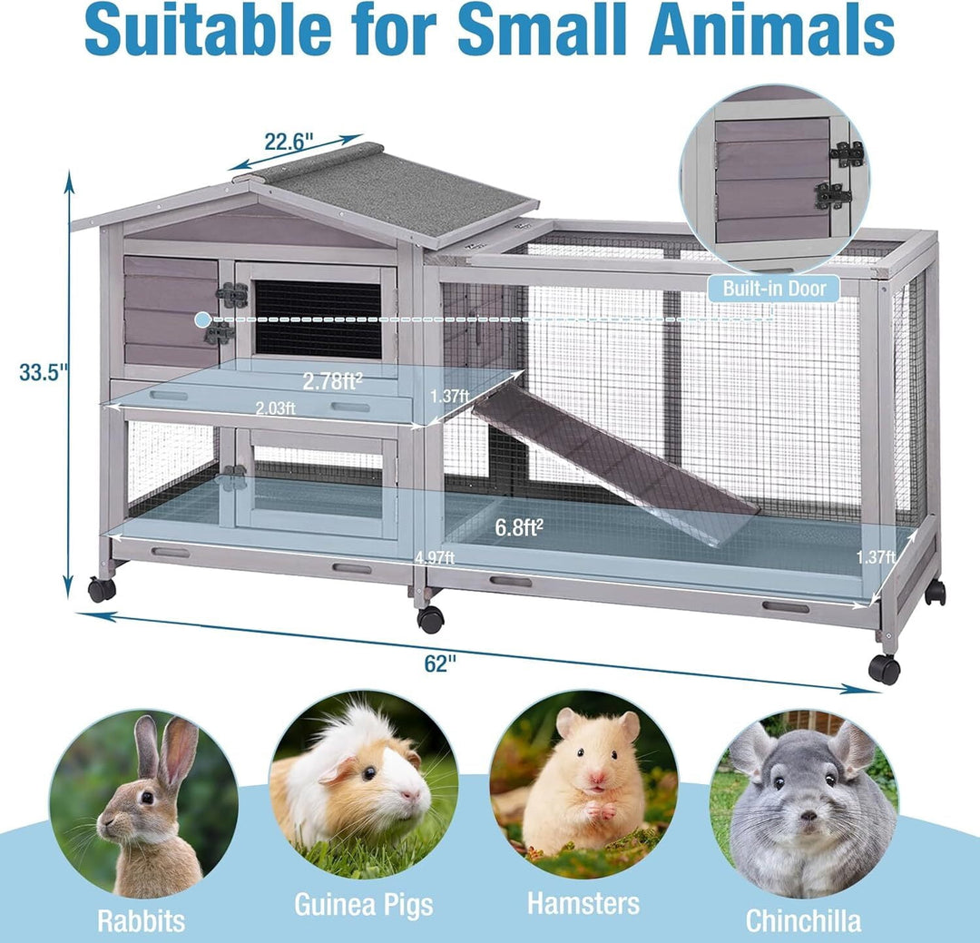MEDEHOO Rabbit Hutch Indoor, 62’’ Bunny Hutch Outdoor, Mobile Rabbit House with Wheels, Wooden Bunny Cage with Leakproof Tray, Chew-Proof Ramp for Guinea Pig(Gray) AIR16-D11-WM