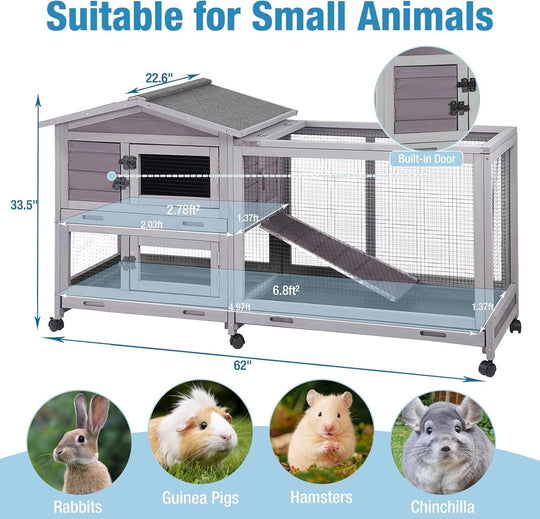 MEDEHOO Rabbit Hutch Indoor, 62’’ Bunny Hutch Outdoor, Mobile Rabbit House with Wheels, Wooden Bunny Cage with Leakproof Tray, Chew-Proof Ramp for Guinea Pig(Gray) AIR16-D11-WM