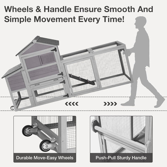 MEDEHOO Chicken Coop with Nesting Box Mobile Chicken House on Wheels Outdoor, Weatherproof Hen House with Wheels &amp; Leakproof Pull-on Tray (Grey) AIR72-E-WM