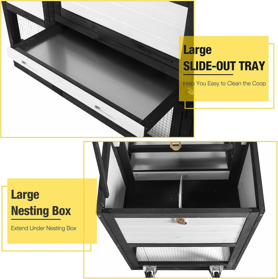 MEDEHOO 82.4" Chicken Coop with Wheels, Large Hen House with Run, Chicken Cage for 4-6 Chickens, Weatherproof Asphalt Roof, Nesting Box &amp; Pull-Out Tray (Black)