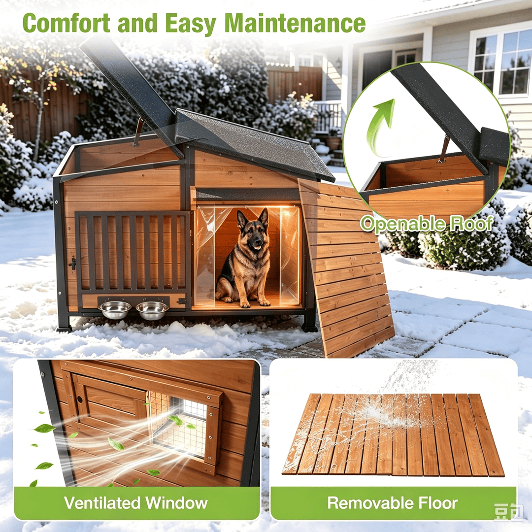 MEDEHOO Heated Dog House Outdoor, Extra Large Insulated Weatherproof Kennel with Heating Pad &amp; Chew-Proof Metal Frame