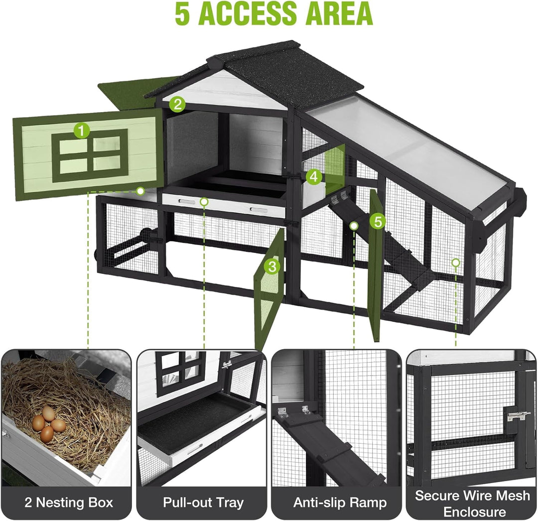 MEDEHOO Chicken Coop Mobile Chicken House On Wheel Outdoor Rabbit Hutch for 2-4 Chickens 67"(White &amp; Black) AIR023-B