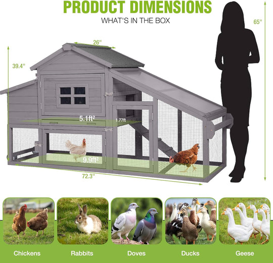 MEDEHOO Large Chicken Coop on Wheels, Expandable Outdoor Mobile Chicken House, Hen House Poultry Cage with Nesting Box, Leakproof Pull-Out Tray &amp; UV-Resistant Roof – Grey AIR23-W-A-WM