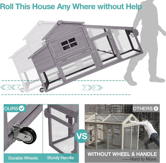 MEDEHOO Chicken Coop, Mobile Chicken House with with Wheels, Outdoor Hen House Poultry Cage with Nesting Box, Leakproof Pull Out Tray and UV-Resistant Roof (Grey) AIR23-D-A111-WM2