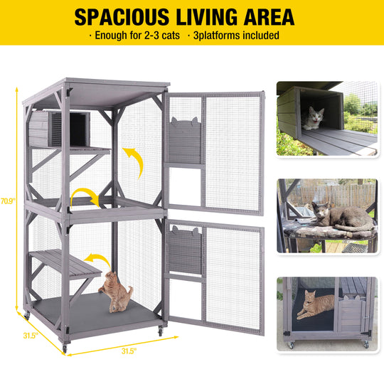 MEDEHOO Catio Outdoor Cat House Wooden Cat Enclosure Resting Box with 3 Platforms, 71 inch Kitten Condo Pets Cage, Gray AIR22-WM