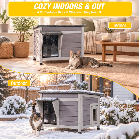MEDEHOO Insulated Outdoor Cat House with 6-Sided Liner and Raised Floor, Wooden Winter Shelter AIR12-IN-WFS-GE