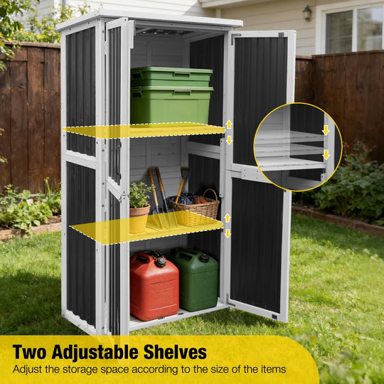 MEDEHOO Outdoor Storage Cabinet with Adjustable Shelves, Metal Frame, Waterproof Storage Shed with Floor for Garden Tools, Black