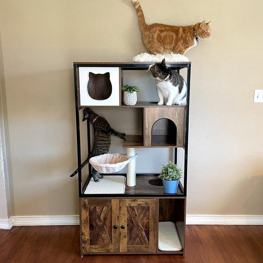 MEDEHOO Cat Litter Box Furniture Enclosure 4 Levels Cat Tree Hidden Cabinet with Storage and Scratch,4 Tiers AIR102-J-WM