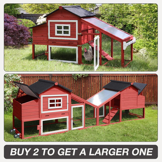 MEDEHOO Chicken Coop with Wheels, Outdoor Mobile Hen House with Leak-Proof Tray, UV-Resistant Roof &amp; Nesting Box for Chickens, Ducks, Rabbits (Red)