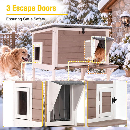 MEDEHOO  Heated Cat House with Insulated Liner, Large Feral Cat Shelter for Winter, Weatherproof Cat Condos for Outdoor Indoor Kitty Shelter, Light Brown AIR91-B-HP-PA-WM2