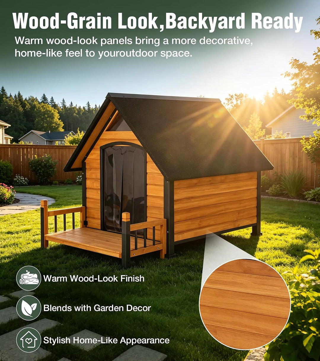 MEDEHOO Woodden Dog House with Proch, Weatherproof Outdoor Kennel Chew-Resistant Iron Frame &amp; Asphalt Roof for Outdoor for Small &amp; Medium Dog Breeds