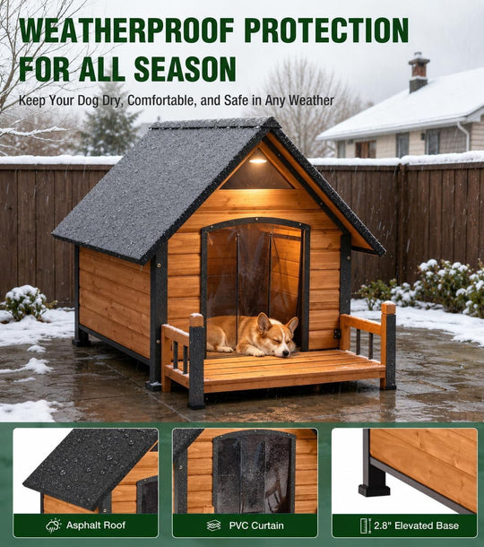 MEDEHOO Heated Dog House for Outside with Chewproof Iron Frame, Porch, Heating Pad, Insulated Liner, Weatherproof Asphlat Roof Large Dog Cage Brown