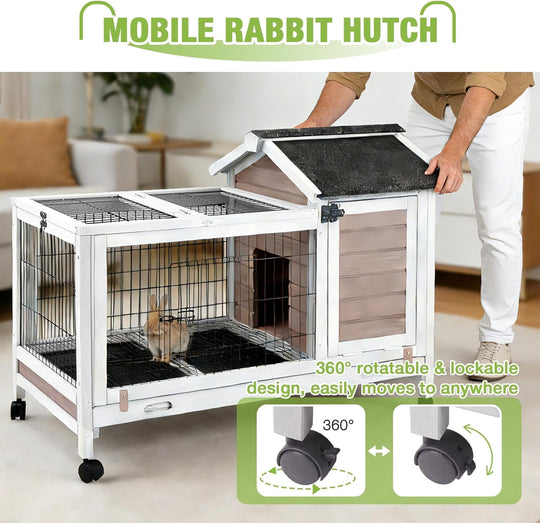 MEDEHOO Rabbit Hutch Indoor and Outdoor, Wooden Rabbit Cage with Wheels, Mobile Bunny House with Leakproof Tray and Removable Wire Floor, Guinea Pig Cage with Run (Brown) RA24-B-2DML-WM