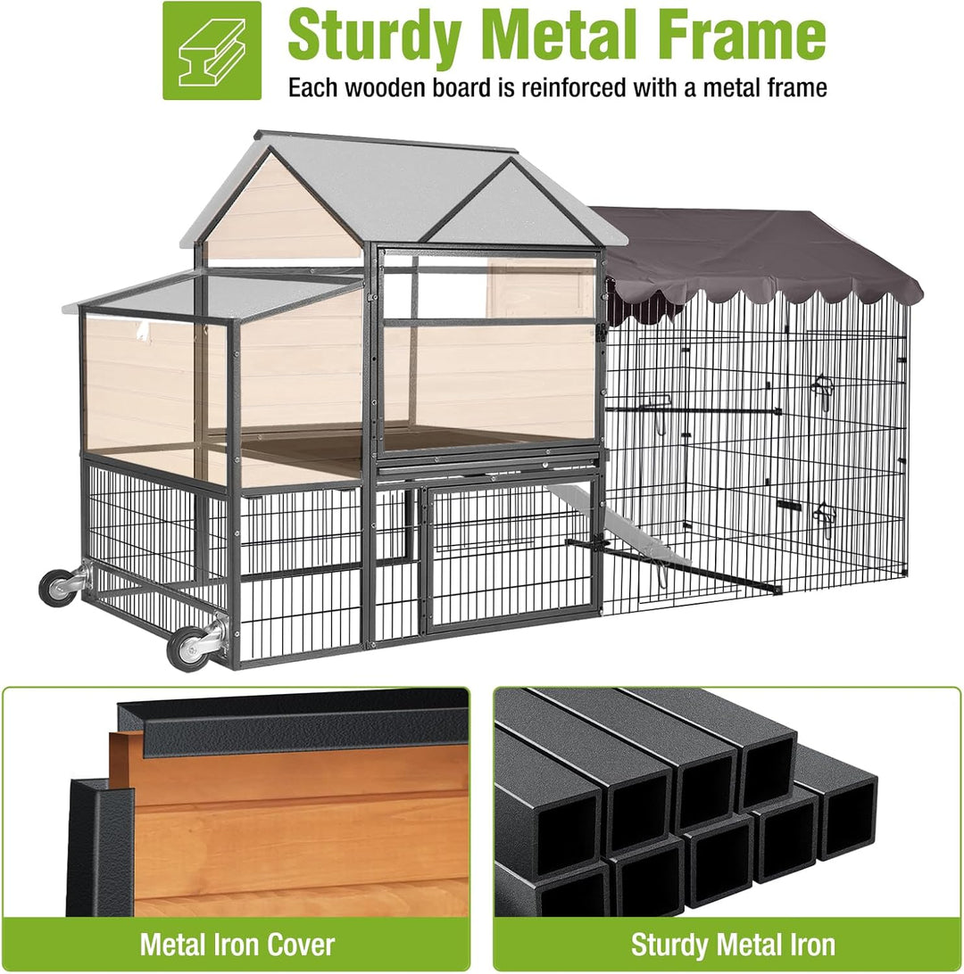 MEDEHOO Mobile Chicken Coop Upgraded with All Arounded Metal Frame Expandable Hen House with Super Large Wheels for 4–6 Chickens, 3 Nesting Boxes, Metal Run, 85" L AIR7006-N-1-WM