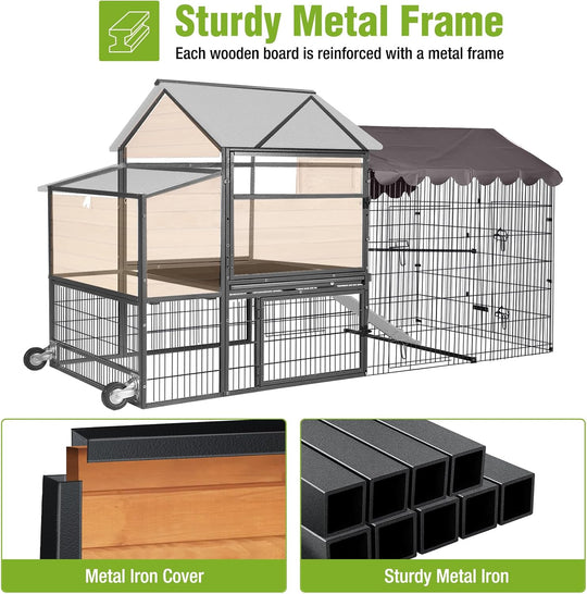 MEDEHOO Mobile Chicken Coop Upgraded with All Arounded Metal Frame Expandable Hen House with Super Large Wheels for 4–6 Chickens, 3 Nesting Boxes, Metal Run, 85" L AIR7006-N-1-WM