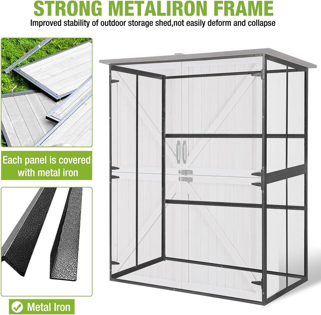 MEDEHOO Outdoor Storage Shed with Metal Frame,Wooden Tool Cabinet with Adjustable Shelfs, House Garden Shed for Backyard Garden Patio Lawn