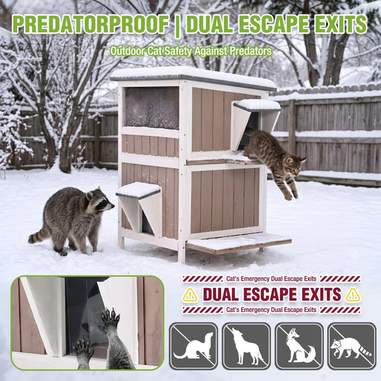 MEDEHOO 2-Story Heated Cat House Large Outdoor Cat House with Insulated Liner, Weatherproof | 2 Story Insulated Feral Cat Shelter with Heating Pad Brown