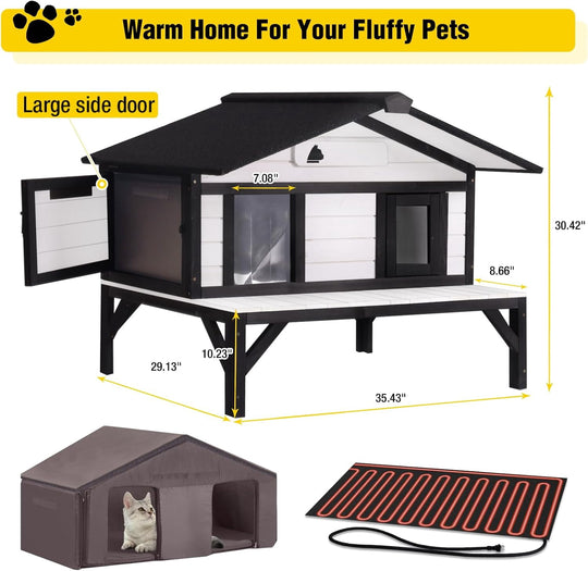 MEDEHOO Heated Cat House for Outside Large Outdoor Cat House Insulated Weatherproof Feral Cat Shelter with Heating Pad, Insulated Thermal Liner, Chewproof Cable for 1-4 Cats, Winter-Ready (Black)
