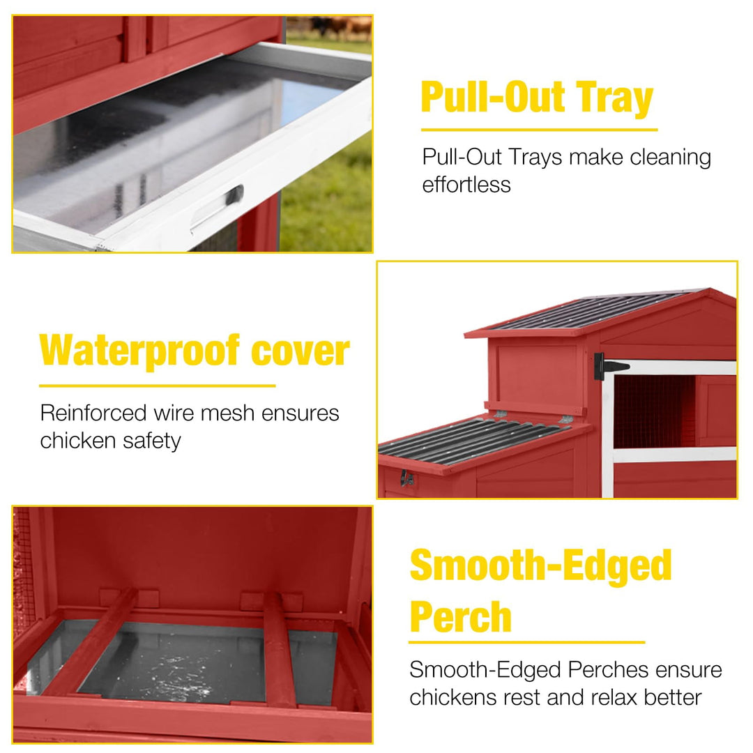 MEDEHOO Chicken Coop with Run and Wheels, Mobile Outdoor Hen House Wooden Poultry Cage with Waterproof Roof