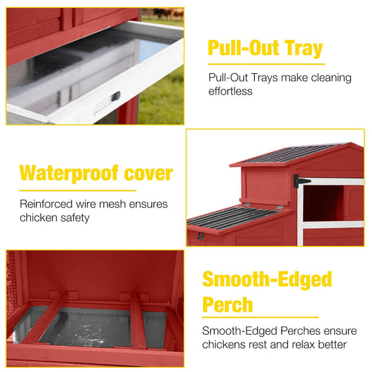 MEDEHOO Chicken Coop with Run and Wheels, Mobile Outdoor Hen House Wooden Poultry Cage with Waterproof Roof