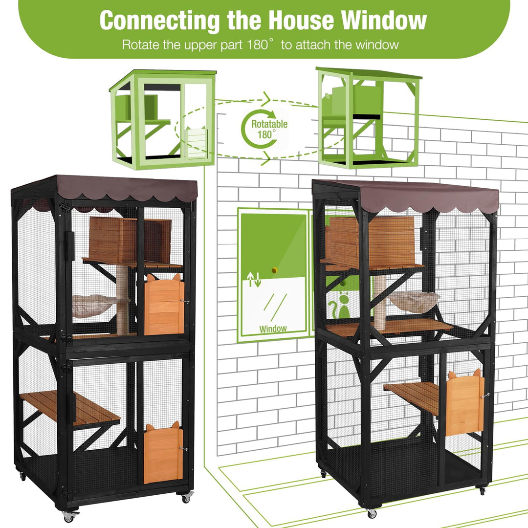MEDEHOO Catio Outdoor Cat Enclosure on Wheels - Outside Kitty House with Upgraded Resting Box, PVC Layer, and Waterproof Roof - 71.9"