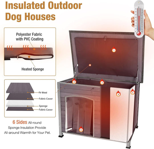 43.3" Large Dog House for Winter with Insulated Liner Outdoor Puppy Shelter with Anti-Bite Iron Frame