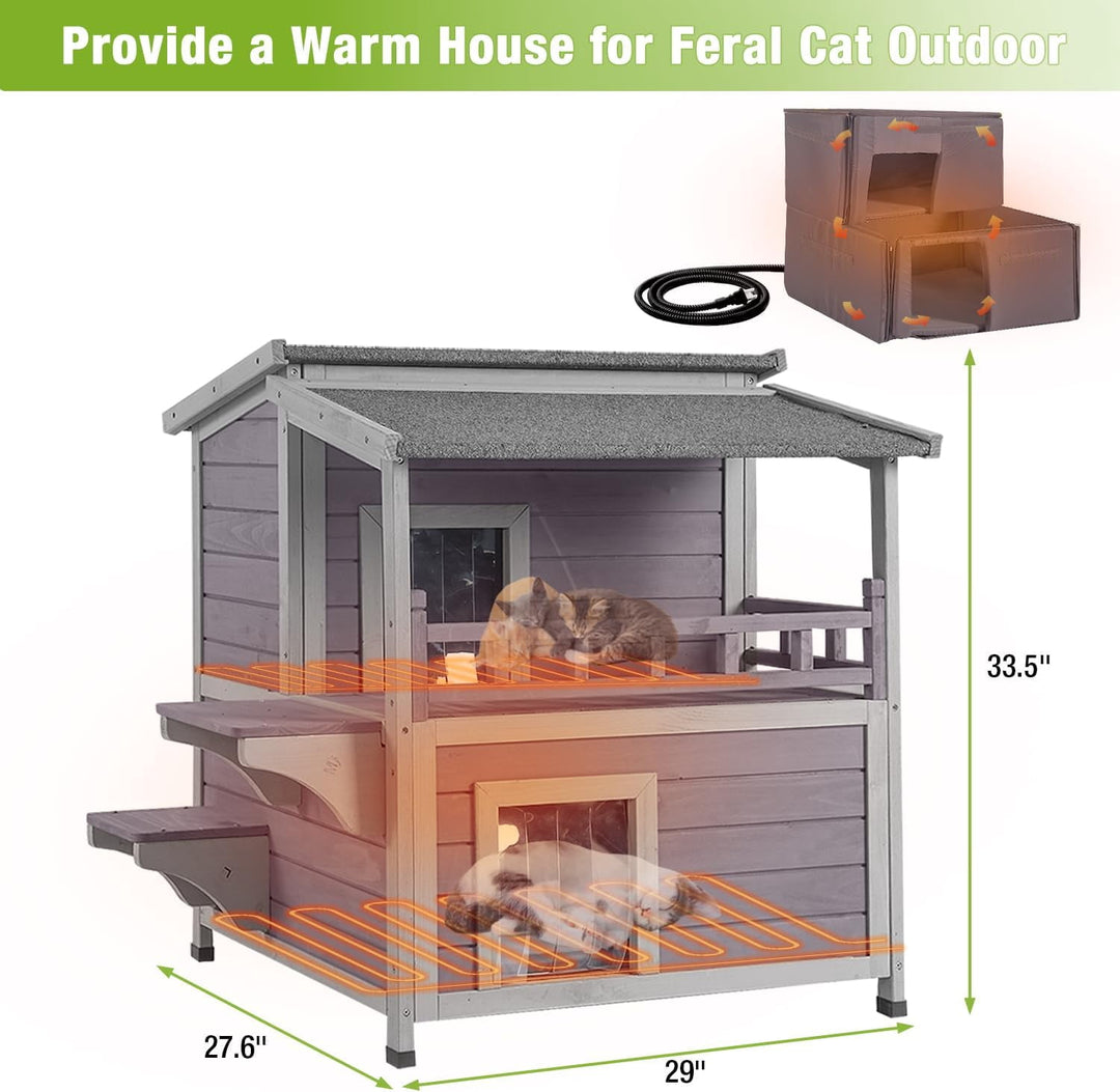 MEDEHOO Heated Cat House Outdoor 2 Story Insulated Liner Feral Cat Shelter Weatherproof for Outside with Heated Pad（Grey