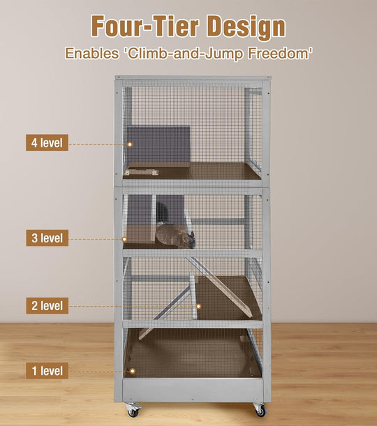 MEDEHOO Large Ferret Cage, Chinchilla Cage with Bite-Resistant Frame, Slide-Out Tray, Lockable Casters, Four-Story Critter Nation for Small Animal AIR56-AD2-WM