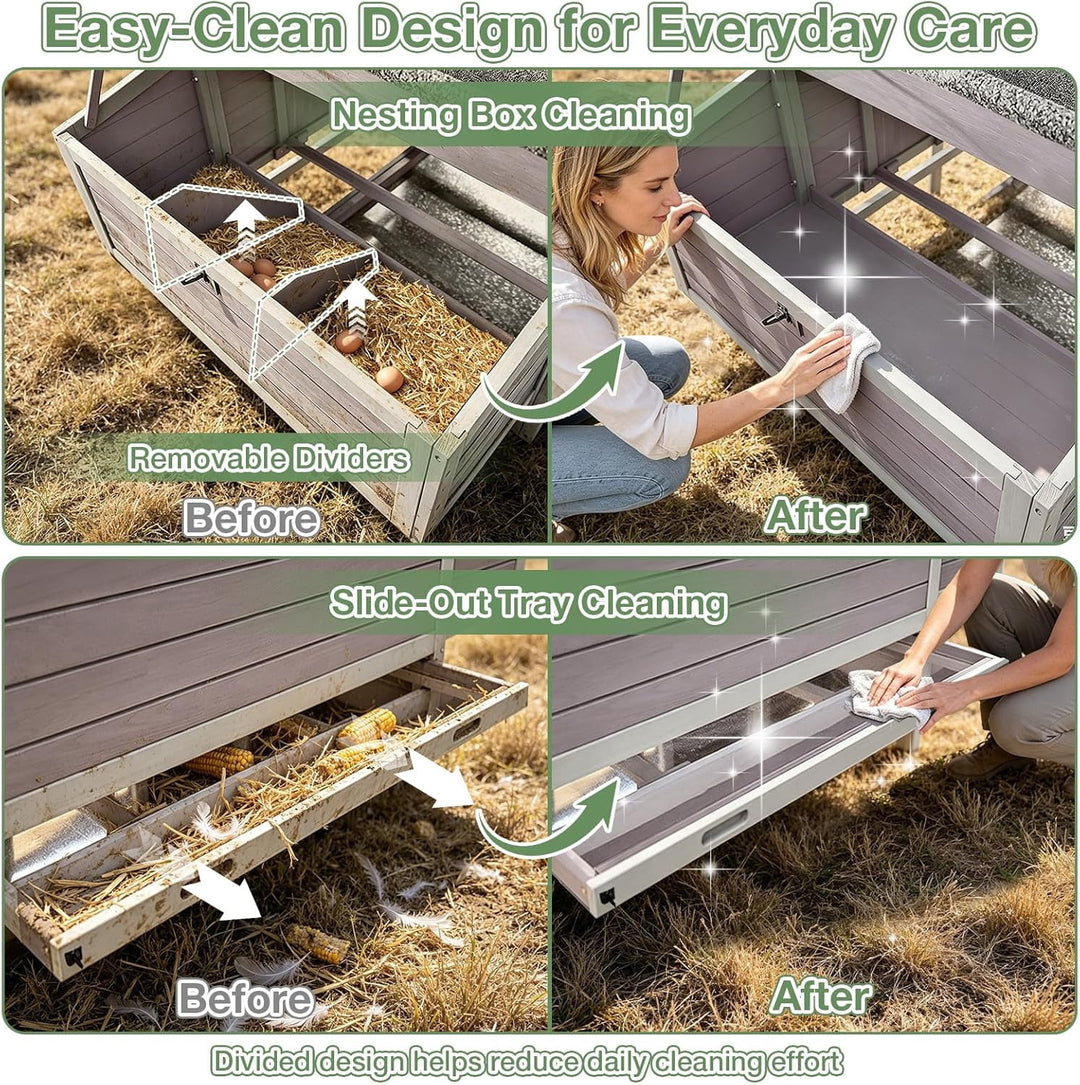 MEDEHOO Large Mobile Chicken Coop with Wheels, 6 Nesting Box for 4-6 Chickens, Outdoor Hen House with Weatherproof Asphalt Roof, Pull-Out Tray