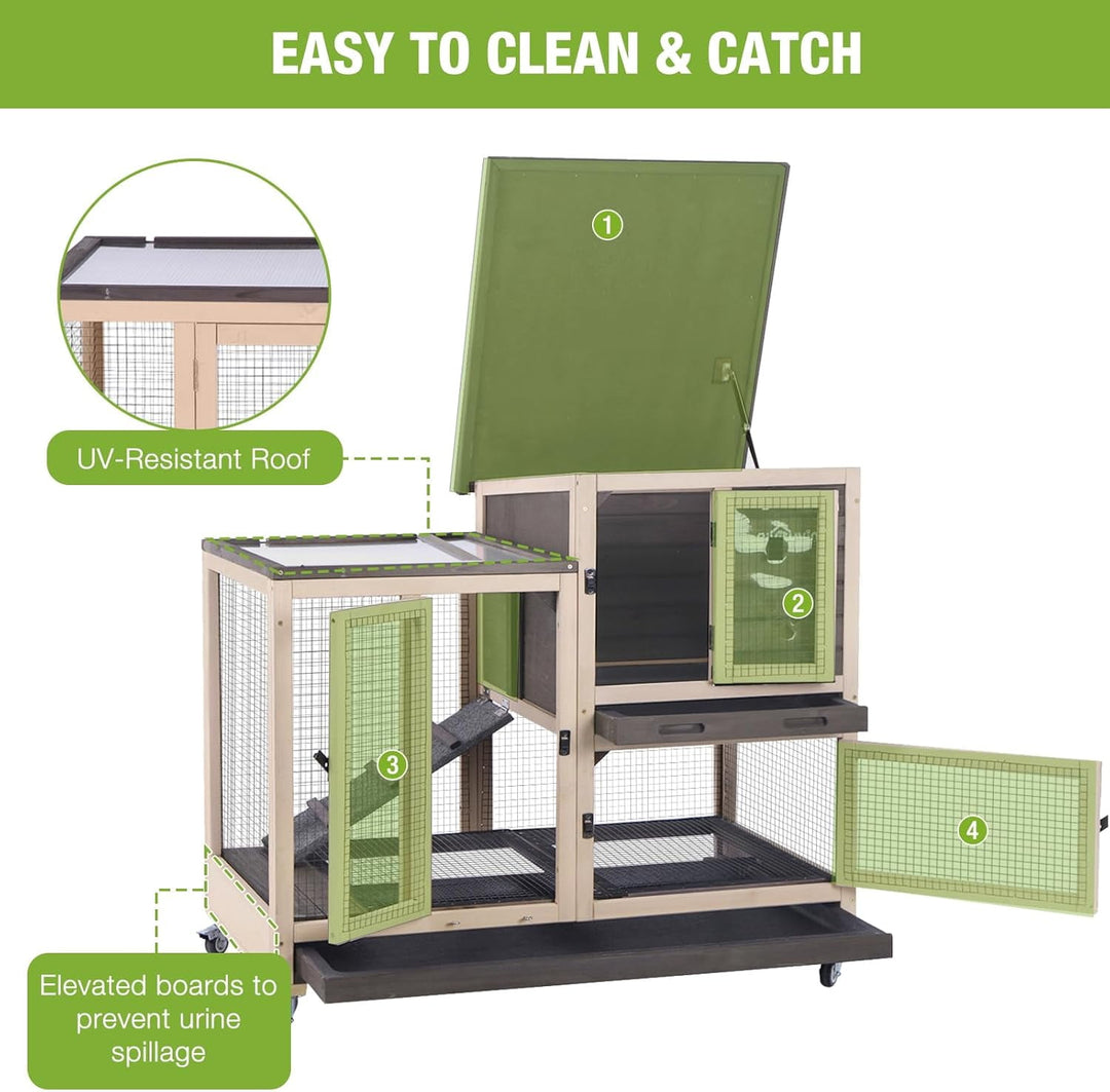 MEDEHOO Rabbit Hutch Wooden Rabbit Cage on Wheels 2 Story Guinea Pig Cage with Urine Guards,Pull Out Tray(Coffee Color) AIR35-00J