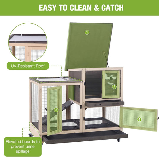 MEDEHOO Rabbit Hutch Wooden Rabbit Cage on Wheels 2 Story Guinea Pig Cage with Urine Guards,Pull Out Tray(Coffee Color) AIR35-00J