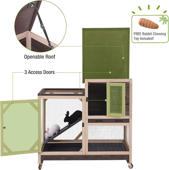 BUTINGLALE Indoor Outdoor Rabbit Hutch, Bunny Cage on Wheels with 2 Deep No Leakage Pull Out Trays (Without Bottom Wire Mesh-Coffee) XZ7001-2