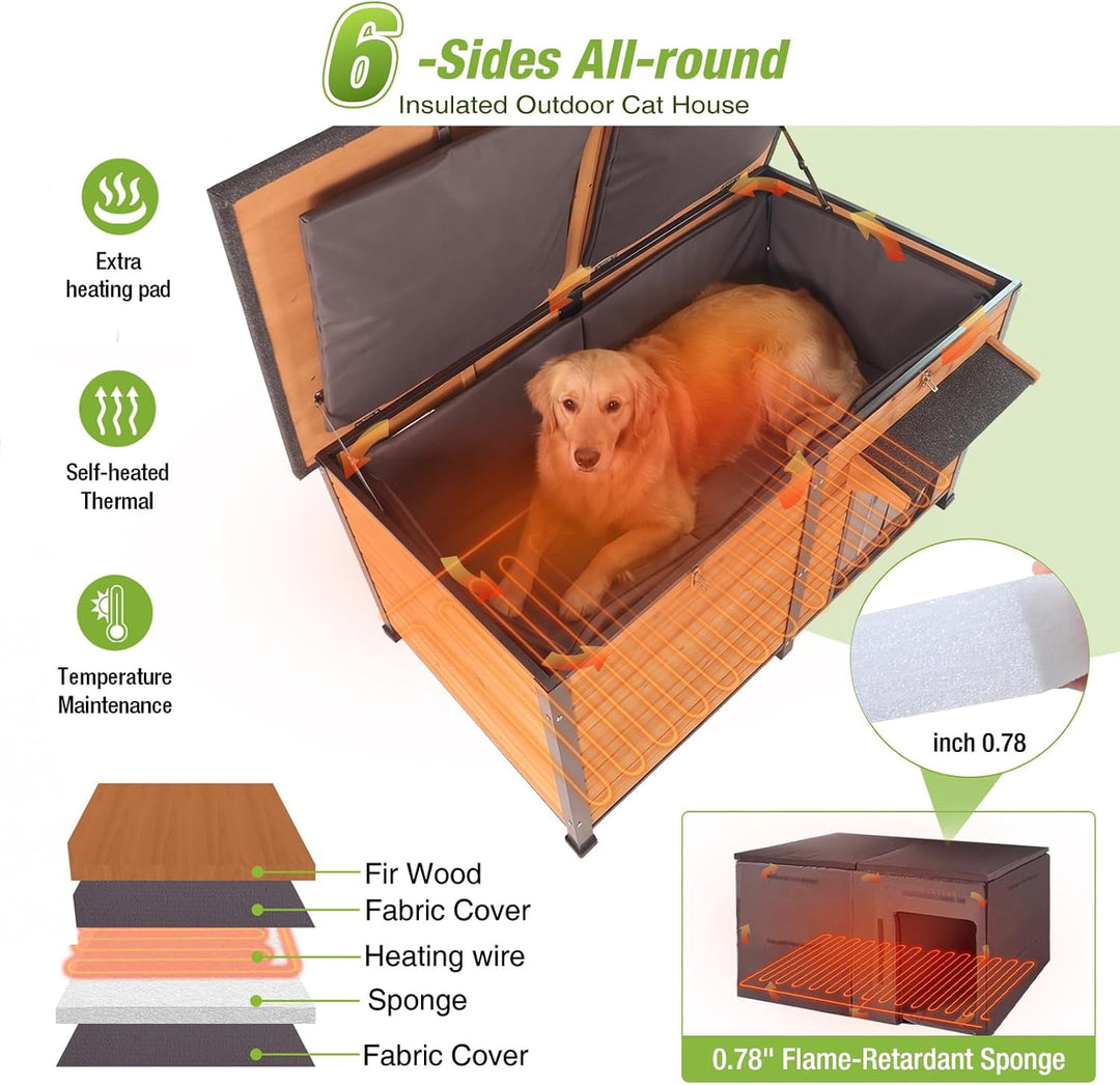 MEDEHOO 59.1" Extra Large Heated Dog House with 6-Side Insulation &amp; Heavy Duty Steel Frame Weatherproof for Winter Outdoor, Brown AIR63-IN-WM