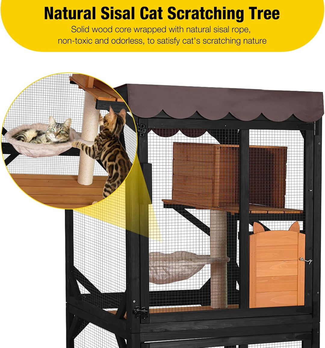 MEDEHOO Outdoor Catio Cat Enclosures on Wheels Cat House 70.9" Large Cat Condon House with Upgraded Resting Box,Waterproof Roof Cover,Brown