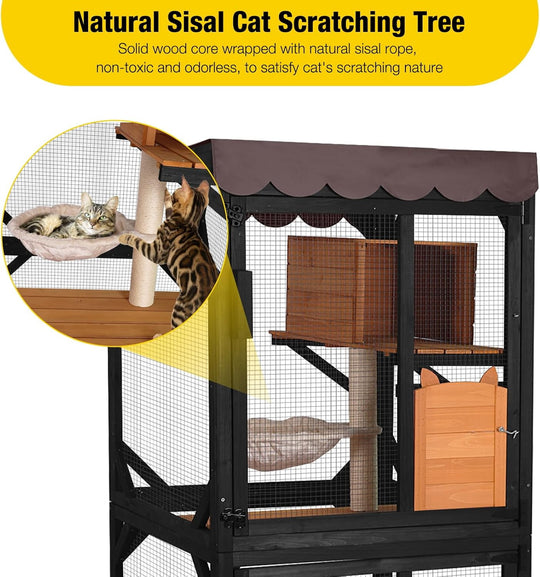 MEDEHOO Outdoor Catio Cat Enclosures on Wheels Cat House 70.9" Large Cat Condon House with Upgraded Resting Box,Waterproof Roof Cover,Brown