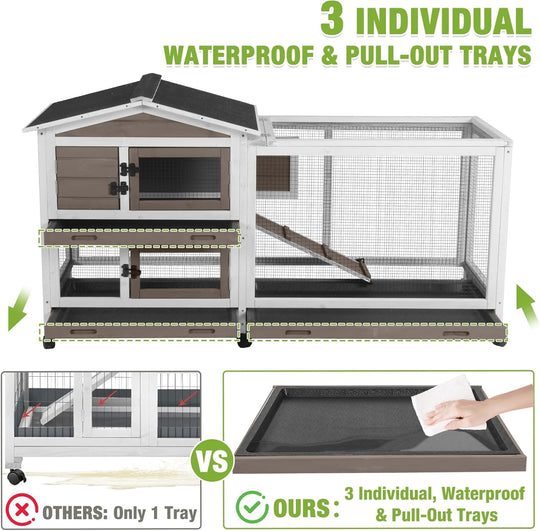 MEDEHOO Rabbit Cage Indoor Bunny Hutch with Chew-Proof Ramp - 2 Story Guinea Pig Cages Outdoor with 6 Wheels, Leakproof Pull-Out Tray for Rabbits, Guinea Pigs (Brown) AIR19-B-MC-WM