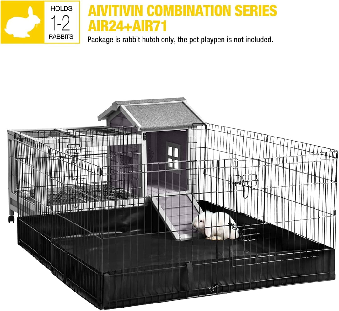 MEDEHOO 41" Mobile Rabbit Hutch with Removable Wire Floor, Wooden Bunny Cage on 4 Wheels with Deep Leak-Proof Plastic Tray, Indoor Outdoor Guinea Pig House, Gray