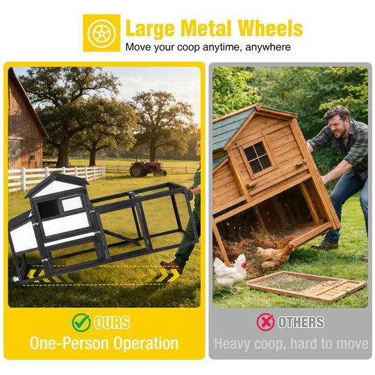 MEDEHOO Mobile Chicken Coop with Wheels for 4-6 Chickens, Backyard Expandable Chicken House Duck Cage with Run, 2 Nesting Boxes, Pull-Out Tray, Weatherproof Asphalt Roof, Black