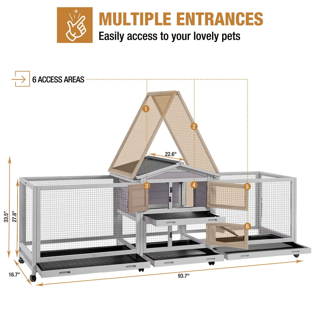 MEDEHOO Rabbit Hutch Guinea Pig Cage with Double Run Indoor Bunny Hutch Outdoor Rabbit House with Deeper No Leak Trays and Wheels AIR65-N