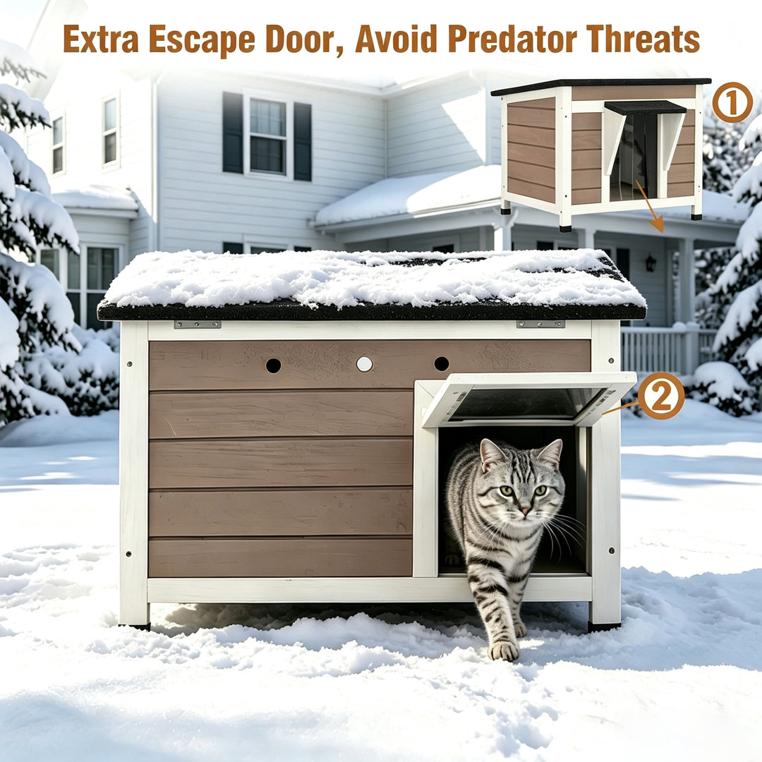 MEDEHOO Outdoor Cat House with Insulated Liner Escape Door Weatherproof Roof Feral Cat Shelter for Winter Outside Brown AIR12-B-IN-ML-WM