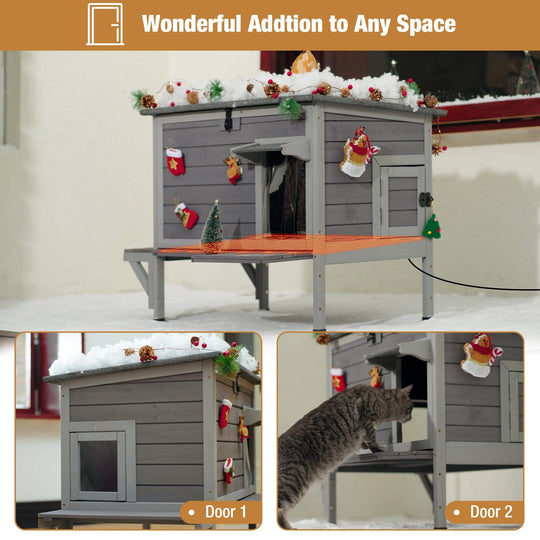MEDEHOO Heated Cat House for Outside Cats Winter, 100% Waterproof Insulated Outdoor Cat Shelter with Heater &amp; Insulated Liner AIR91-IN-HPS-WM