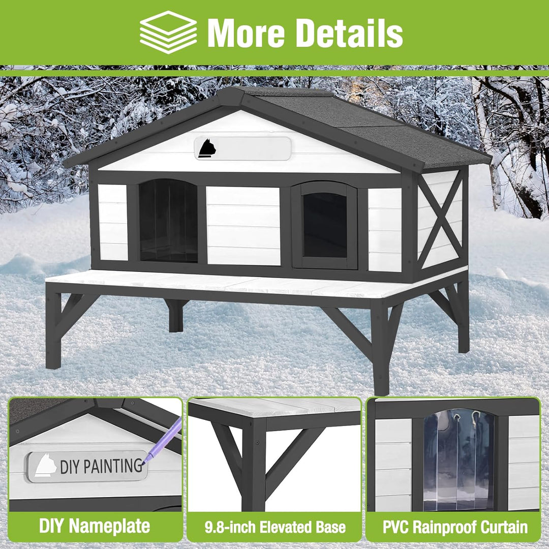 MEDEHOO Heated Cat House for Outside, Outdoor Cat House Weatherproof Insulated Feral Cat Shelter with Anti-Chewing Electric Heating Pad, Elevated Base &amp; DIY Nameplate, 43.5" L(Black and White) AIR92-B-HP-AD-WM