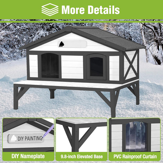 MEDEHOO Heated Cat House for Outside, Outdoor Cat House Weatherproof Insulated Feral Cat Shelter with Anti-Chewing Electric Heating Pad, Elevated Base &amp; DIY Nameplate, 43.5" L(Black and White) AIR92-B-HP-AD-WM